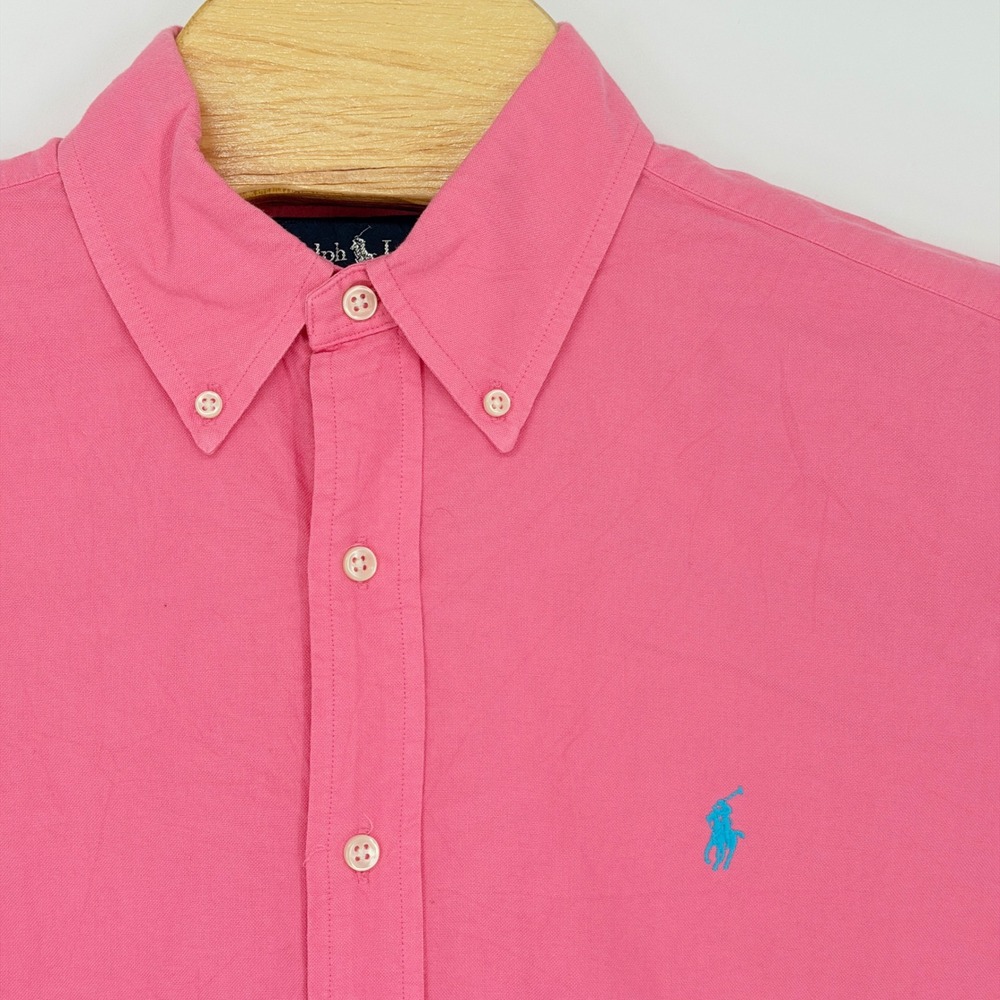 Vintage Ralph Lauren Button Down Men M Pink Classic Fit Cotton Short Sleeve Pony